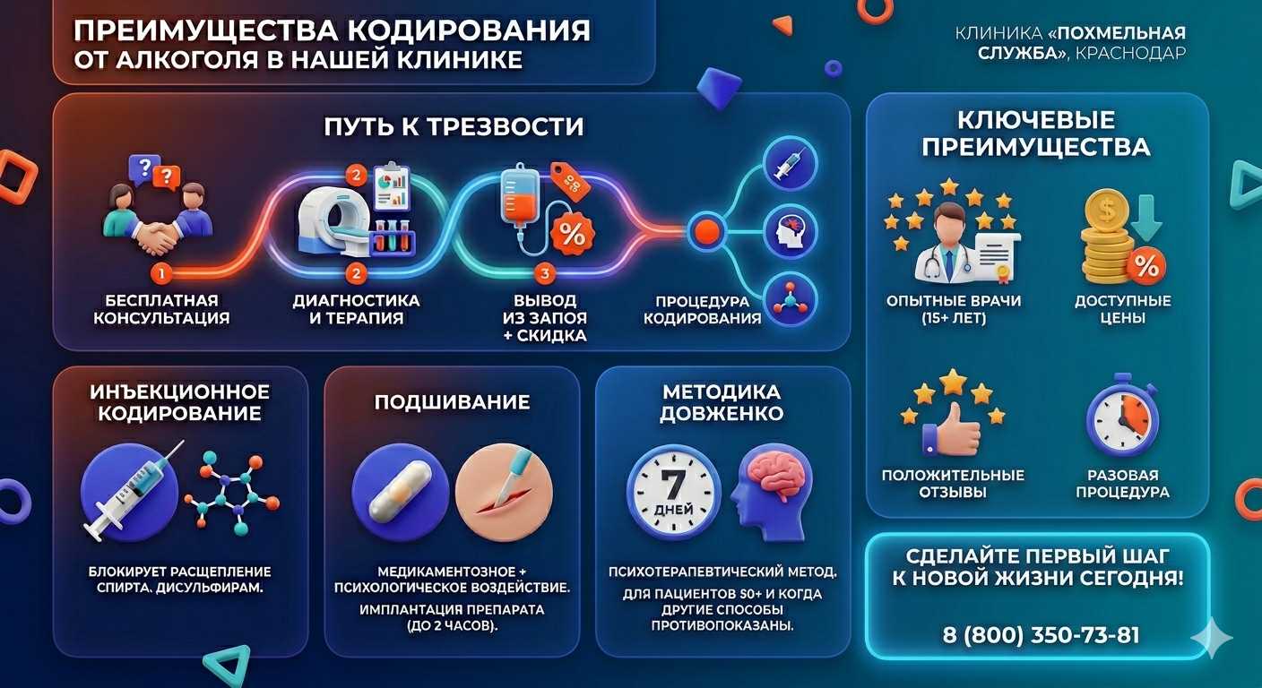 Инфографика о методах кодирования от алкоголя в Верхнеуральске: инъекции, подшивание, метод Довженко. Преимущества клиники и этапы лечения.