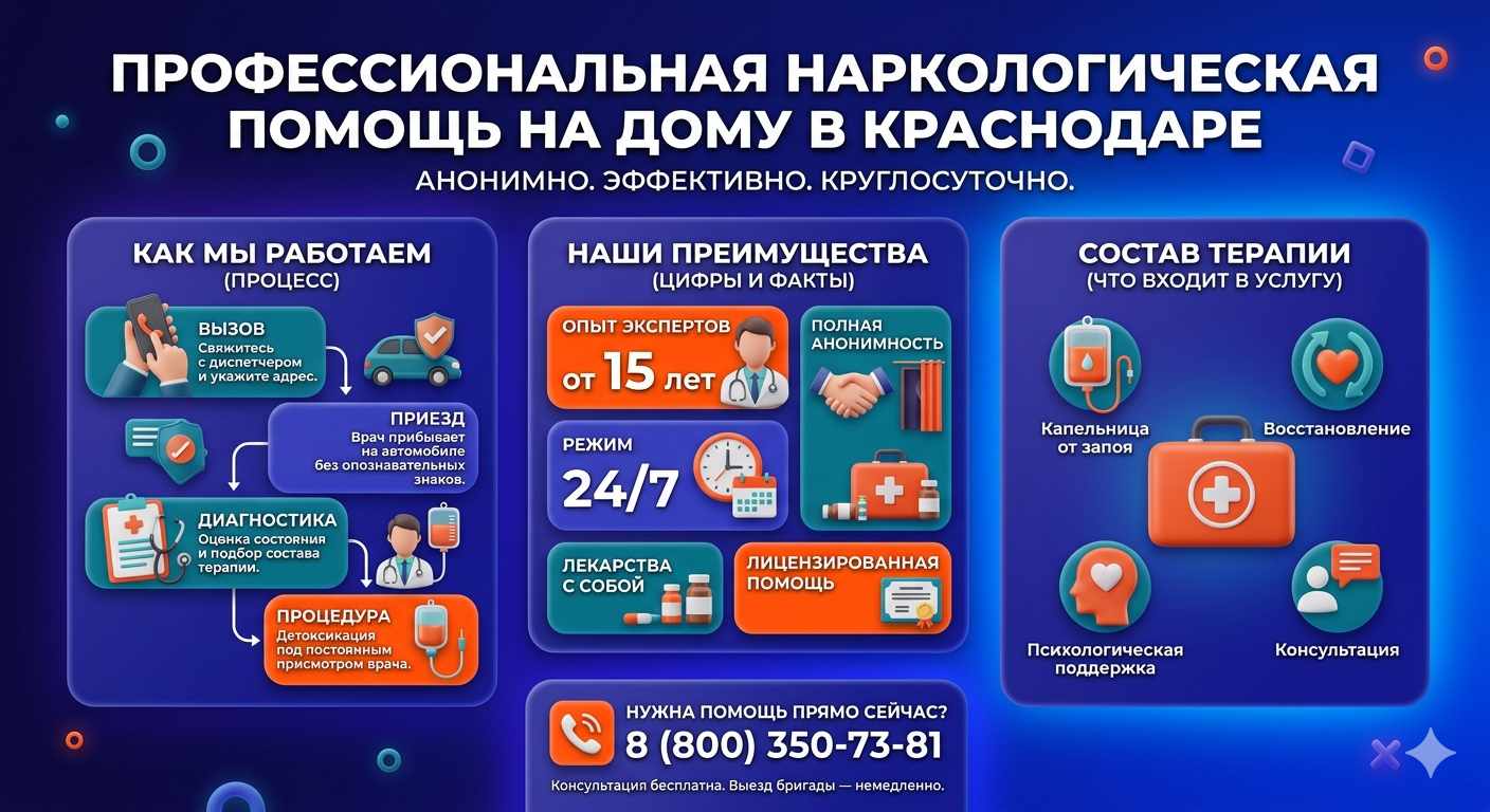 Инфографика о принципах лечения алкоголизма на дому в Верхнеуральске: этапы вызова нарколога, преимущества анонимной детоксикации и состав медицинской помощи.